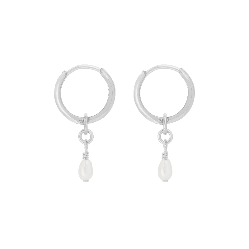 classic pearl stud earrings for brides -Noa Pearl Mini Hoop Earrings - Silver