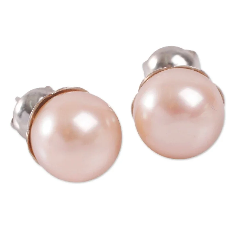 trendy stud earrings for women -NOVICA Pink Nascent Flower, Cultured pearl stud earrings - 0.3*0.3