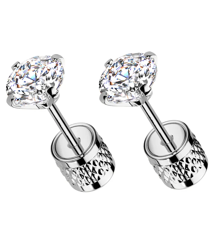 rose gold stud earrings for women -Prong Clear CZ Stainless Steel Textured Cylinder Back Stud Earrings