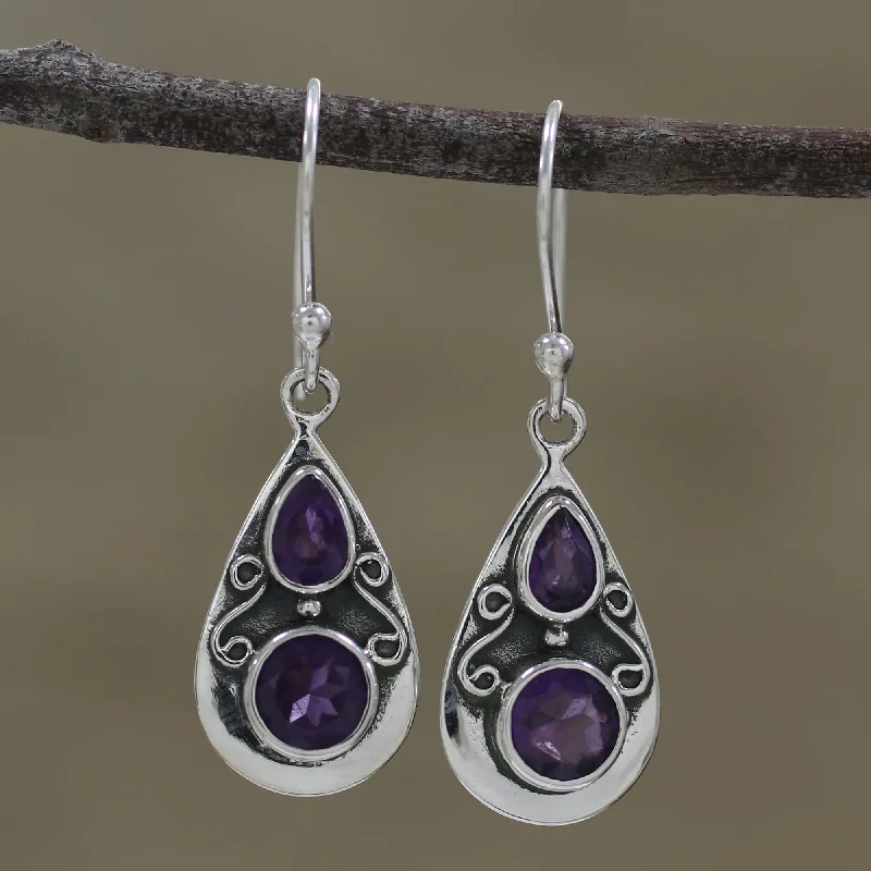 custom engraved stud earrings for women -Complex Drops Drop-Shaped Amethyst Dangle Earrings from India