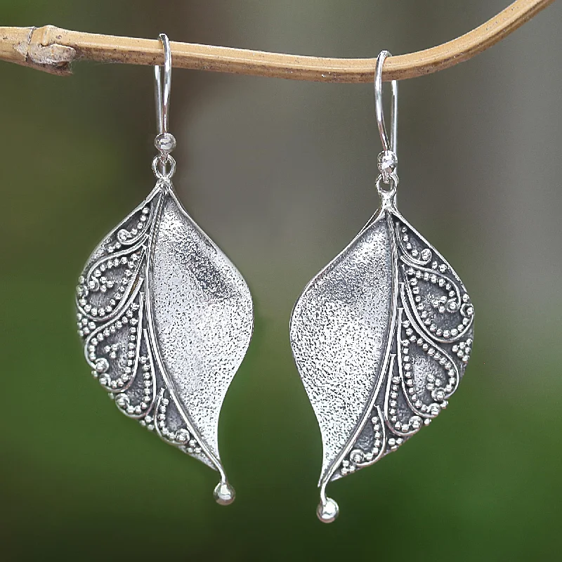 elegant stud earrings for formal events -Complex Nature Sterling Silver Stylized Leaf Dangle Earrings