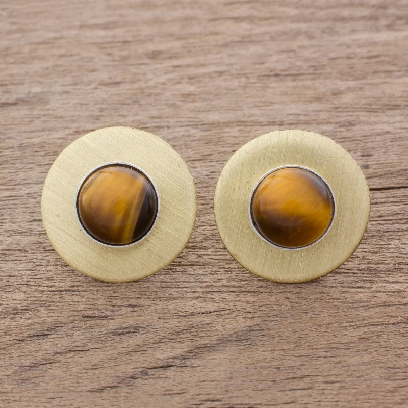 sterling silver gemstone stud earrings -Complex Rings Modern Tiger's Eye Button Earrings from Guatemala