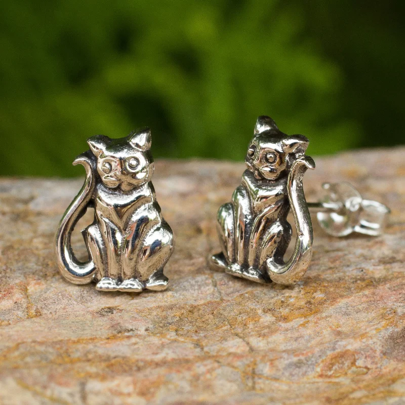 vintage stud earrings for weddings -Contented Kittens Silver Button Earrings