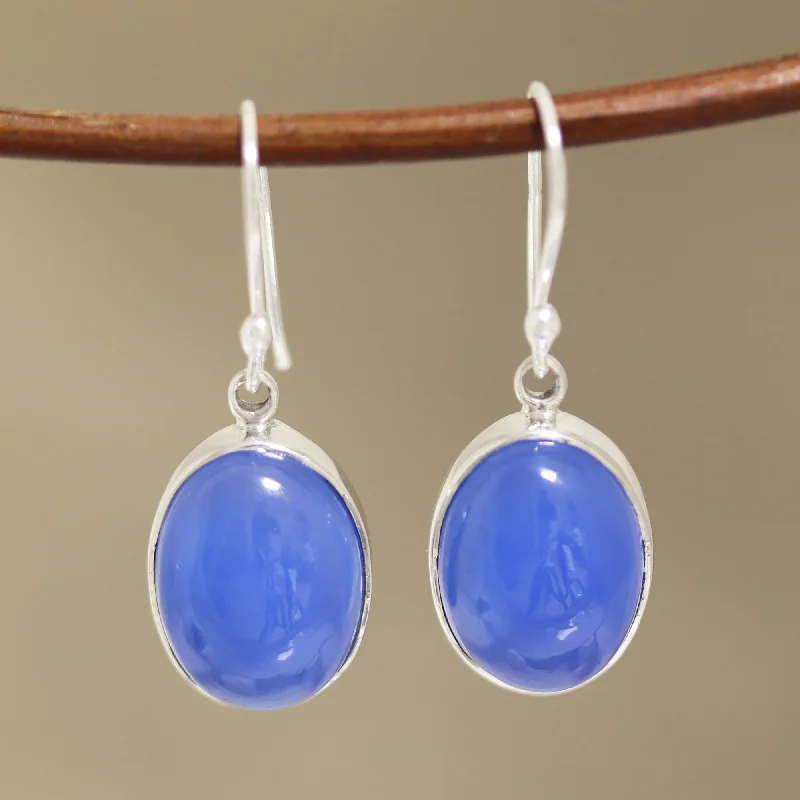 classic gold stud earrings for men -Cool Ovals Oval Blue Chalcedony Dangle Earrings from India