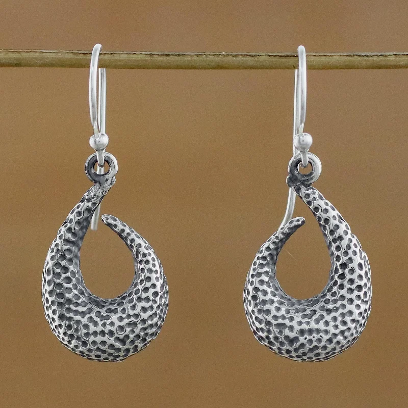 men’s silver stud earrings -Coral Hooks Textured Sterling Silver Dangle Earrings from Guatemala