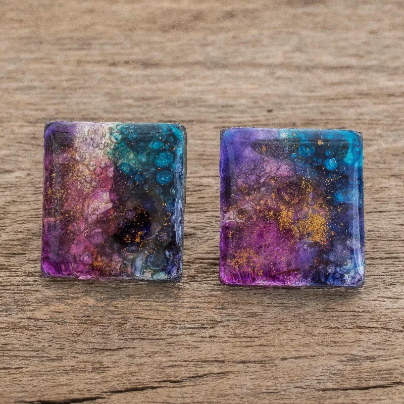 men’s sterling silver stud earrings -Cosmic Constellation Colorful Square Recycled Glass Button Earrings