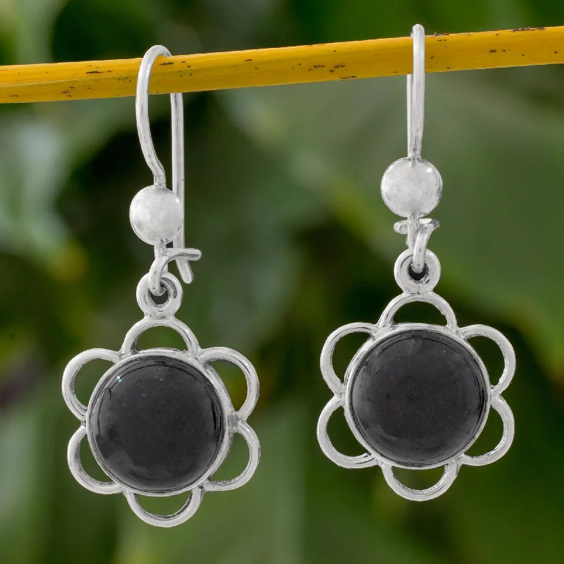 sterling silver stud earrings for men -Country Flower Black Jade Flower Shaped Dangle Earrings from Guatemala