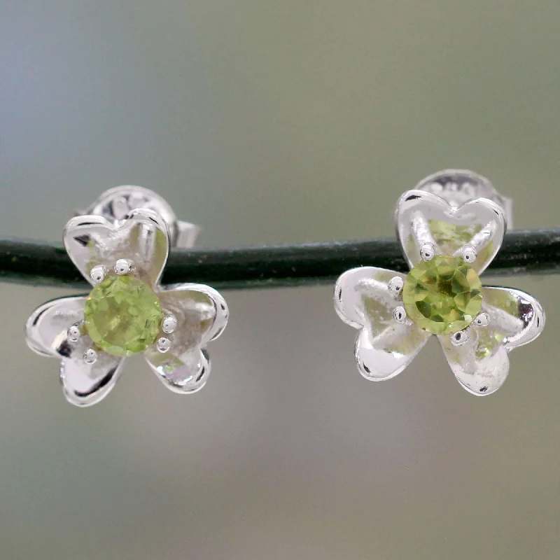 elegant pearl stud earrings for weddings -Cradle Lily Floral Peridot and Silver Button Earrings from India