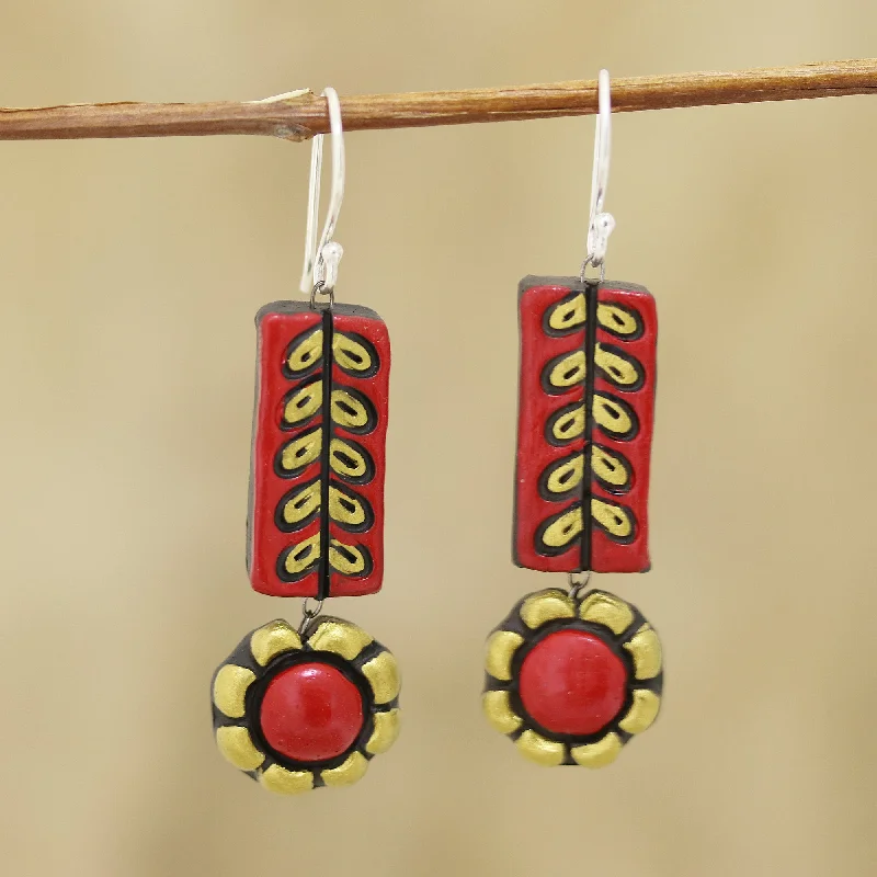 colorful gemstone stud earrings for women -Creative Flowers Red and Golden Floral Ceramic Dangle Earrings from India