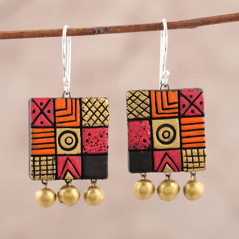 gold star stud earrings for women -Creative Fusion Hand-Painted Square Ceramic Chandelier Earrings from India