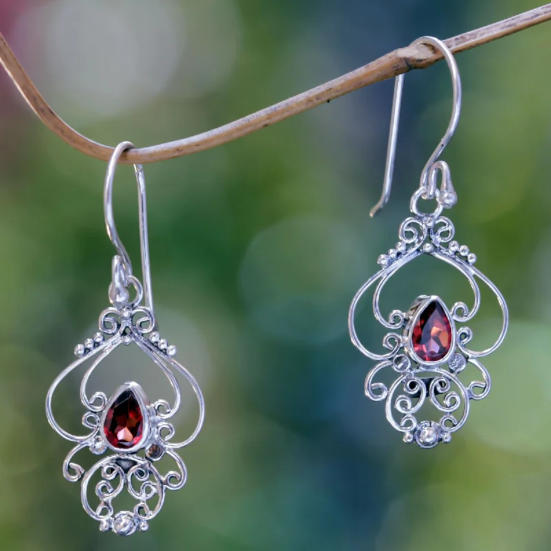 men’s silver stud earrings -Crimson Arabesque Ornate Garnet and Sterling Silver Dangle Earrings