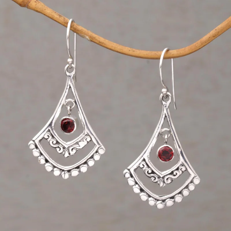 custom engraved stud earrings for women -Crimson Fanfare Garnet and Sterling Silver Dangle Earrings from Indonesia