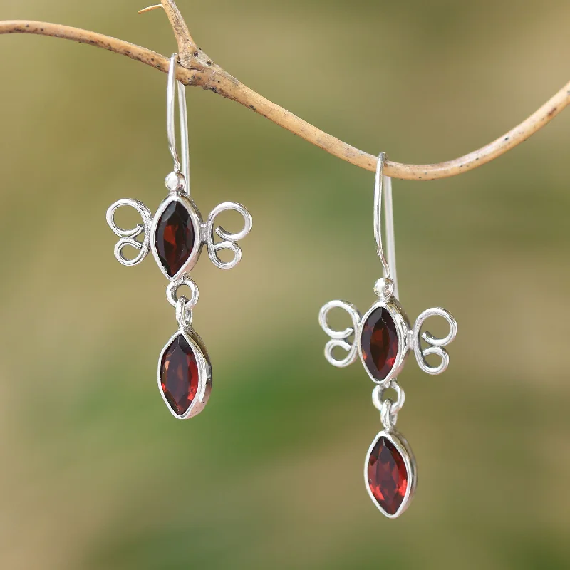 stylish stud earrings for parties -Crimson Rainfall Sterling Silver and Garnet Red Raindrop Dangle Earrings