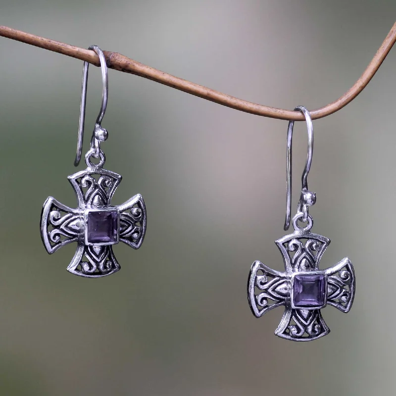 sterling silver stud earrings for men -Cross Pattee Balinese Handcrafted Silver and Amethyst Cross Earrings