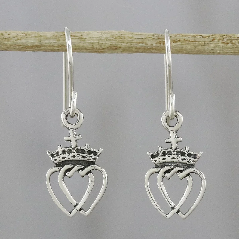 minimalistic stud earrings for men -Crowned Hearts Silver Dangle Earrings