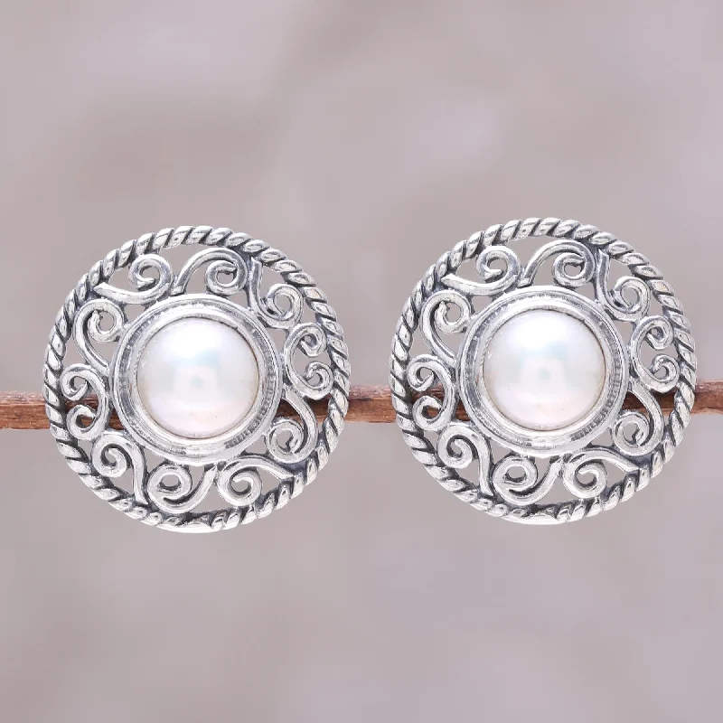 classy stud earrings for daily wear -Crowned Moonlight Cultured Pearl Sterling Silver Scrollwork Button Earrings