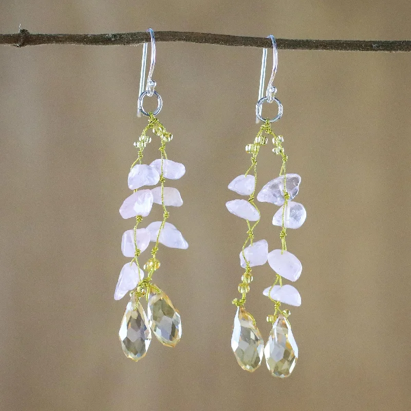 elegant pearl stud earrings for weddings -Crystalline Drops Rose Quartz and Glass Bead Dangle Earrings from Thailand