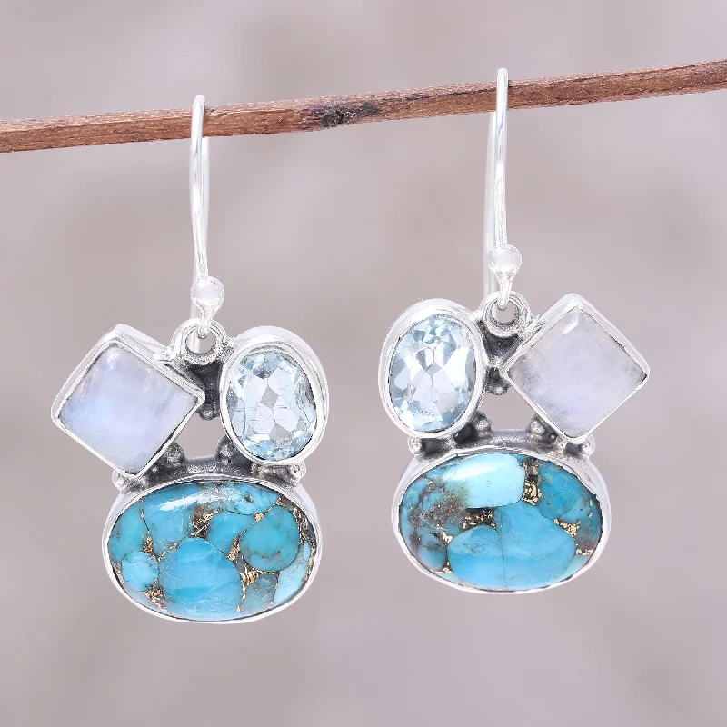 trendy stud earrings for women -Crystalline Waters Blue Topaz and Rainbow Moonstone Dangle Earrings from India