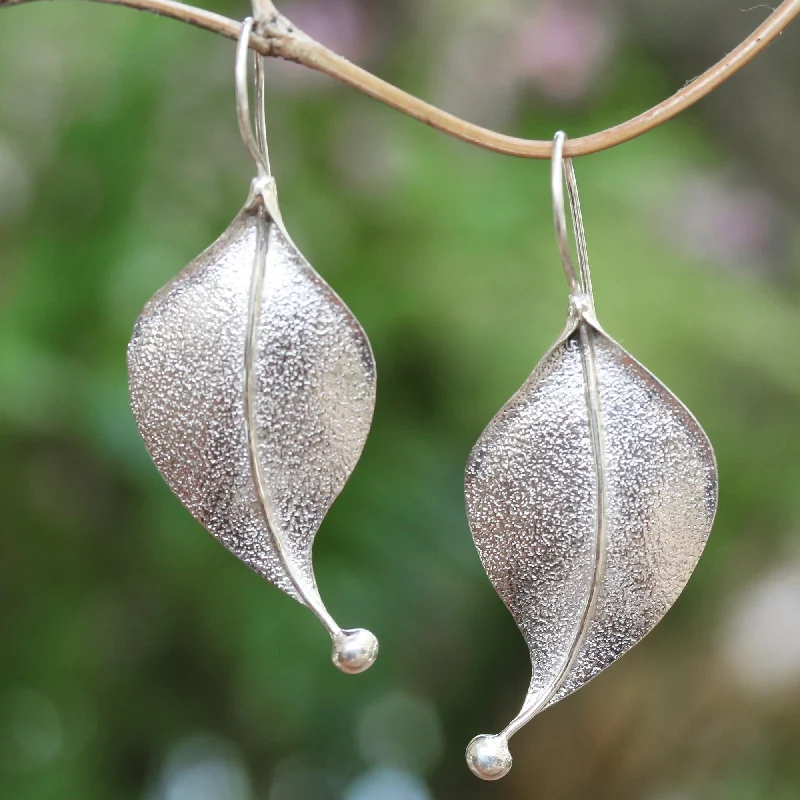 custom engraved stud earrings for women -Curved Leaves Modern Leaf-Shaped Sterling Silver Drop Earrings from Bali