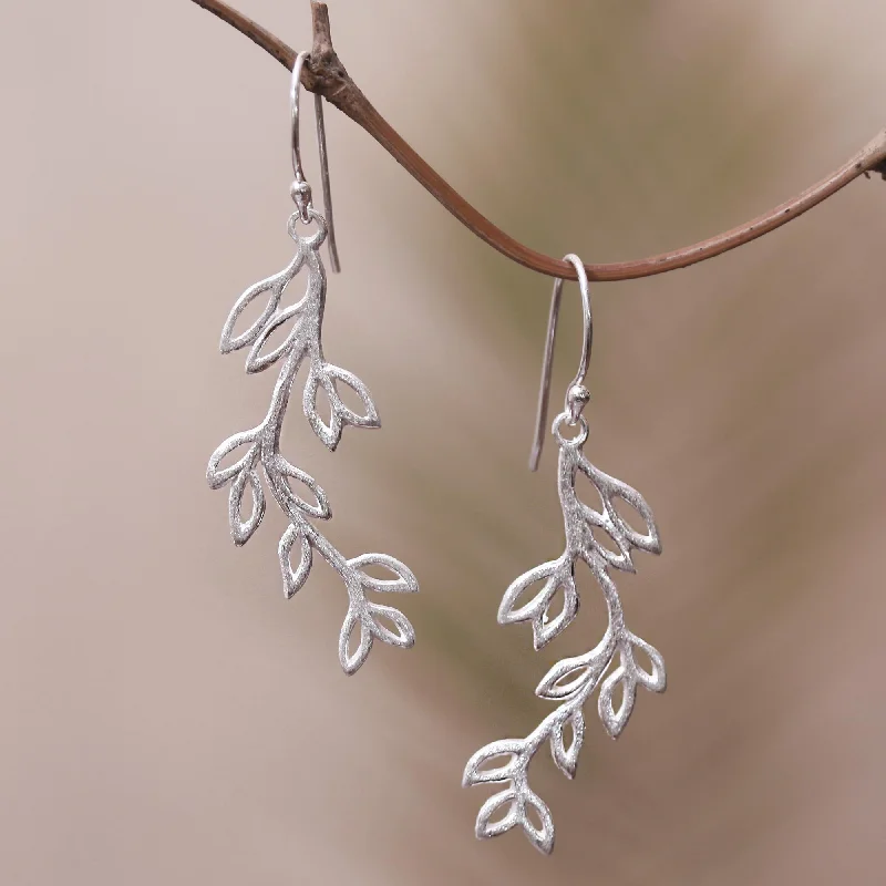 sterling silver stud earrings for women -Cute Leaves Leaf-Themed Sterling Silver Dangle Earrings from Bali