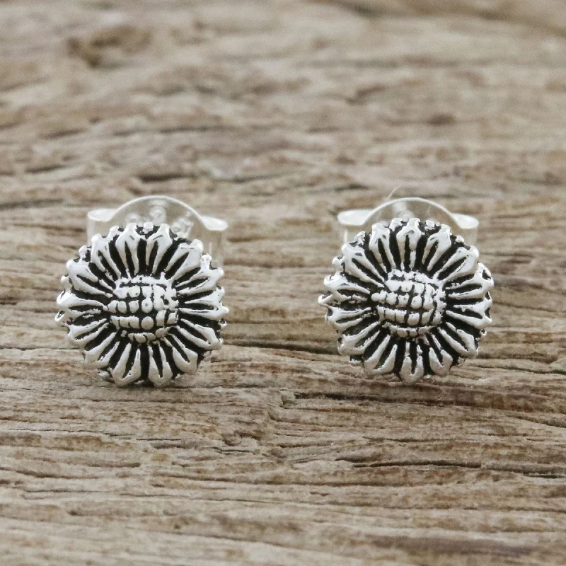 crystal stud earrings for special occasions -Cute Sunflowers Sterling Silver Sunflower Stud Earrings from Thailand