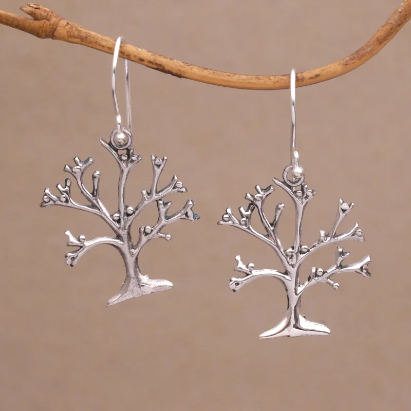 trendy flower stud earrings for women -Dainty Bark Tree-Shaped Sterling Silver Dangle Earrings from Bali