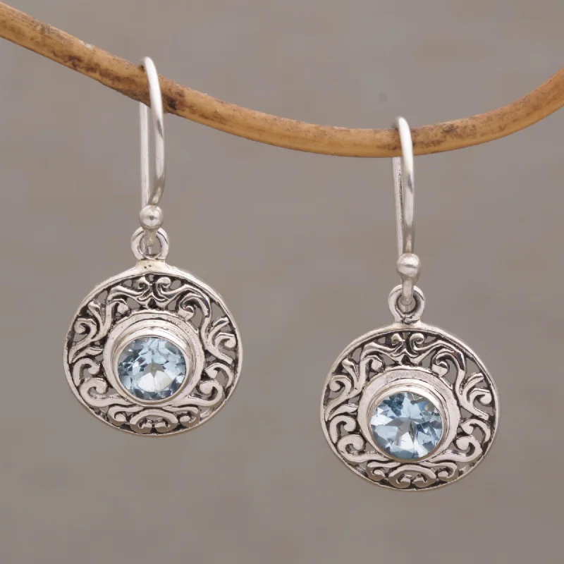 small diamond stud earrings for everyday wear -Dainty Shields Round Sterling Silver Earrings with Blue Topaz Gems