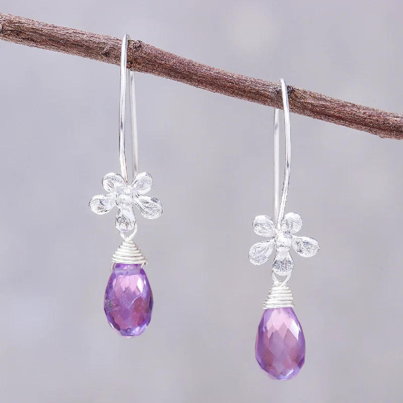 simple stud earrings for sensitive ears -Daisy Glitter Floral Faceted Amethyst Dangle Earrings from Thailand