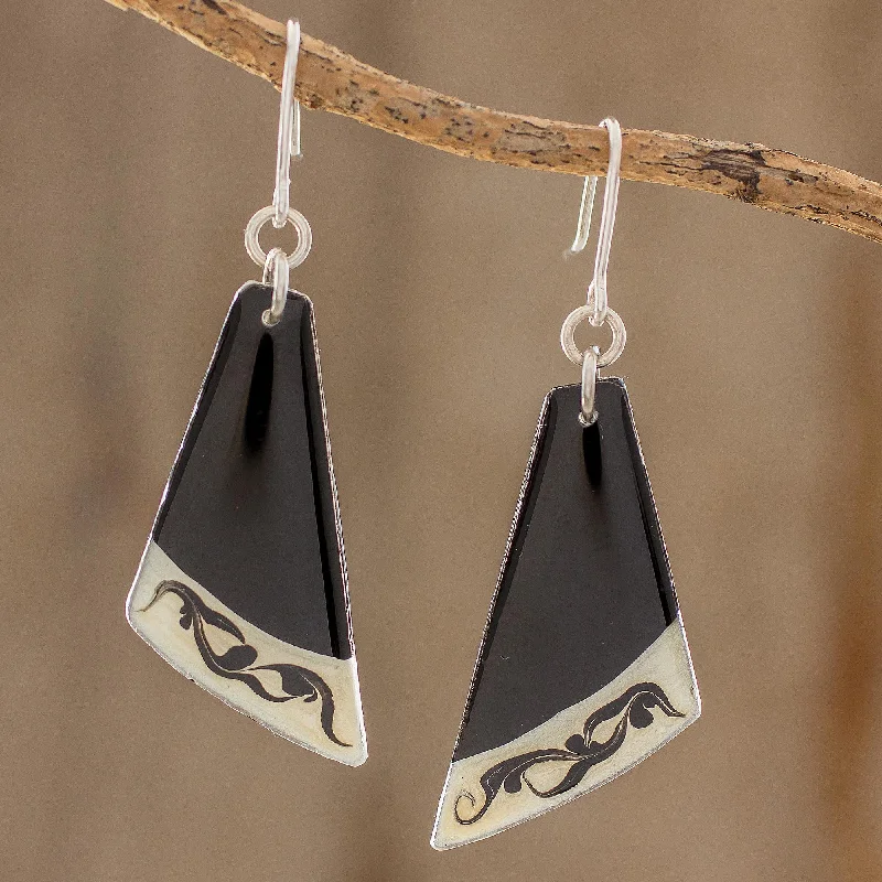 classic diamond stud earrings -Dance Fan Black Asymmetrical Triangle Art Glass Dangle Earrings