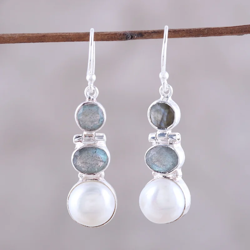 sterling silver stud earrings for women -Dance in the Clouds Labradorite and Cultured Pearl Dangle Earrings from India