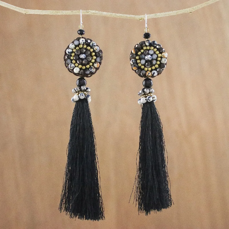 gold heart stud earrings for women -Dance With Me in Black Long Tassel Black Calcite and Glass Bead Dangle Earrings