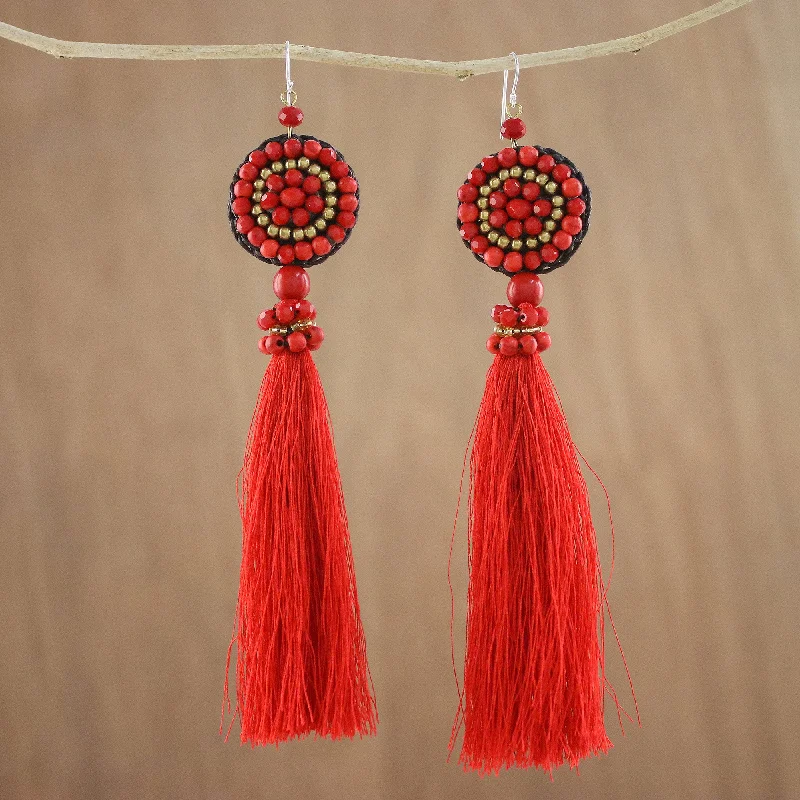 simple stud earrings for men -Dance With Me in Red Long Tassel Red Calcite and Glass Bead Dangle Earrings