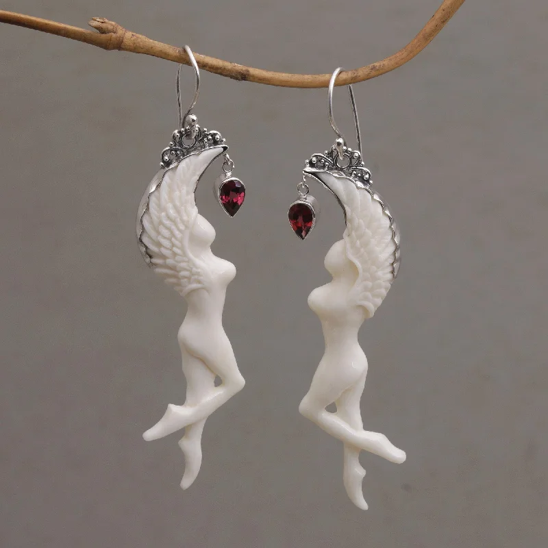 cubic zirconia stud earrings for women -Dancing Angels Garnet Silver & Bone Dangle Earrings