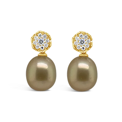 simple gold stud earrings for women -Golden Pearl & Diamond Earrings