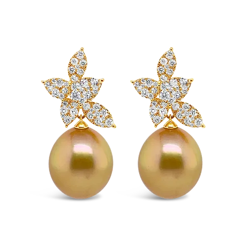 men’s gold stud earrings -Golden Pearl & Diamond Earrings