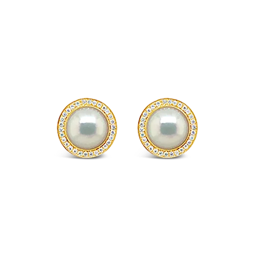 sterling silver gemstone stud earrings -Pearl & Diamond Earrings