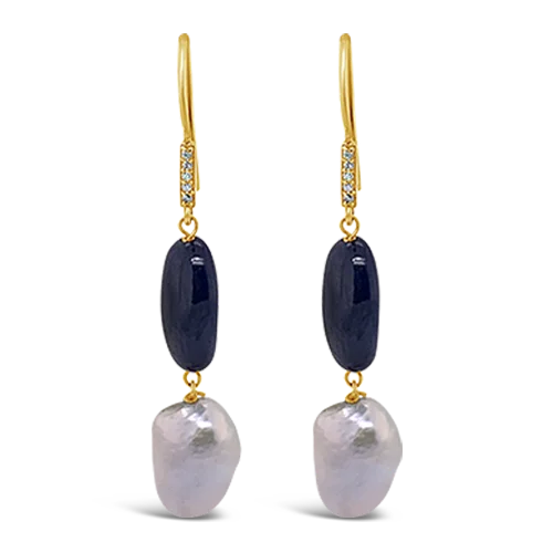 cute stud earrings for girls -Pearl & Sapphire Dangle Earrings