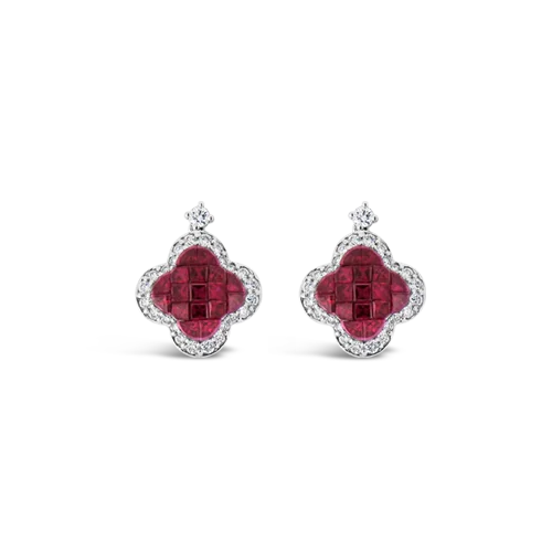 trendy stud earrings for women -Ruby & Diamond Clover Earrings