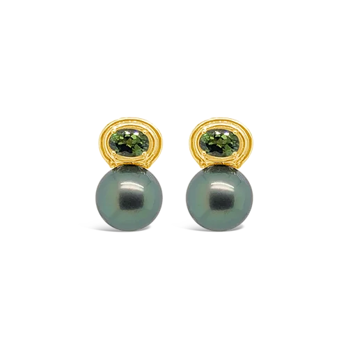 geometric stud earrings for women -Tahitian Pearl & Green Tourmaline Earrings