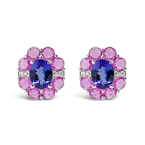 trendy flower stud earrings for women -Tanzanite, Pink Sapphire & Diamond Earrings