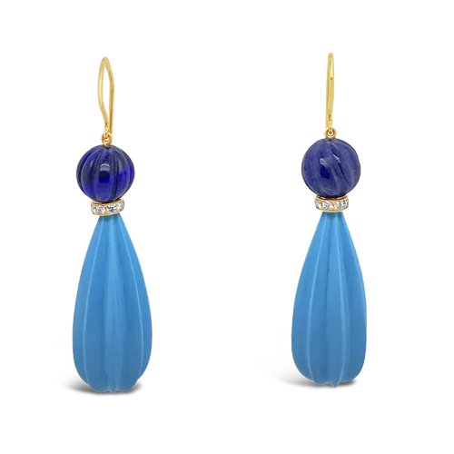 luxury pearl stud earrings for brides -Turquoise, Lapis & Diamond Estate Earrings